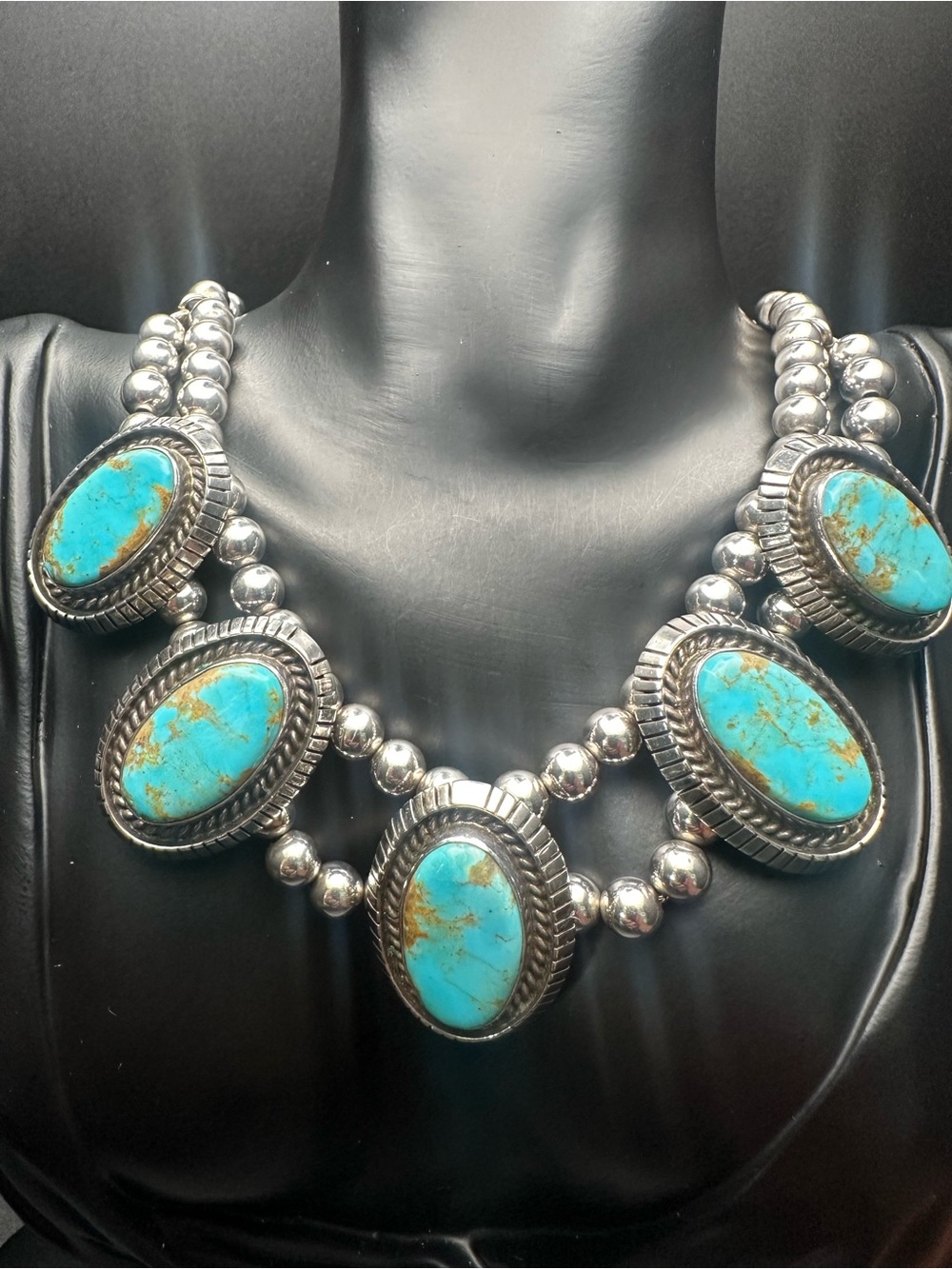 Richard Curley Navajo Sterling Silver Turquoise Necklace, RCC Hallmark, 5-Stone - Picture 1 of 6